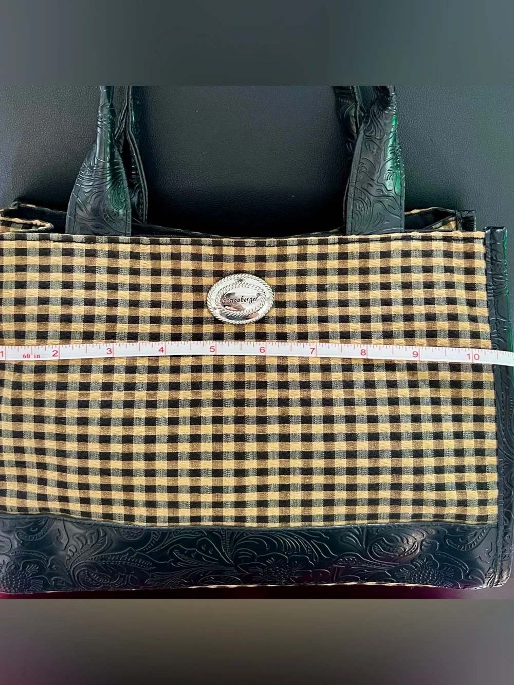 LONGABERGER Homestead Black & Tan Gingham Tote Bag with Embossed Leather Trim